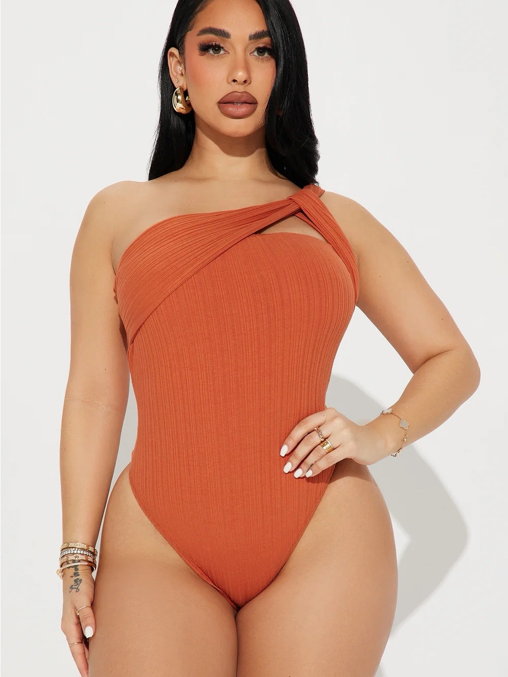Fashion Nova One-Shoulder Ribbed Bodysuit in Rust